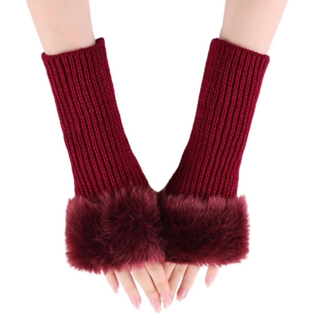 Women's Wine Knitted Fingerless Faux Fur Wrist Cuff Thumb Hole Warmers Gloves